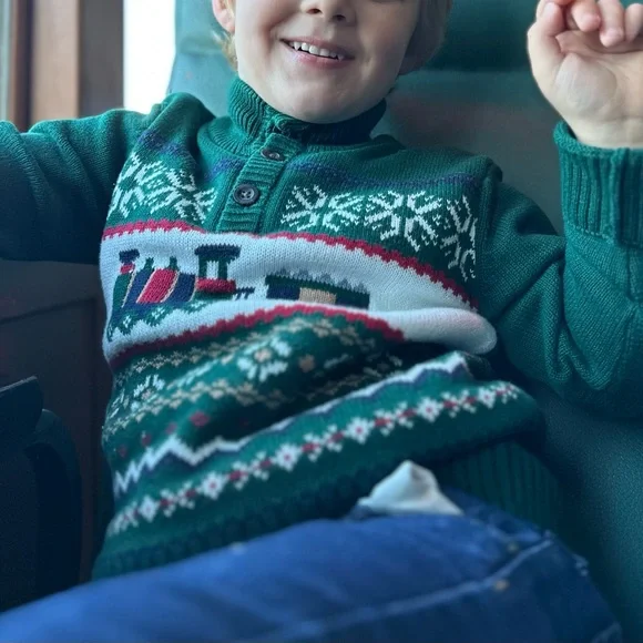 Boys Green Train Fairisle Mock Neck Sweater Polar Express Theme Winter Holiday - Picture 1 of 2